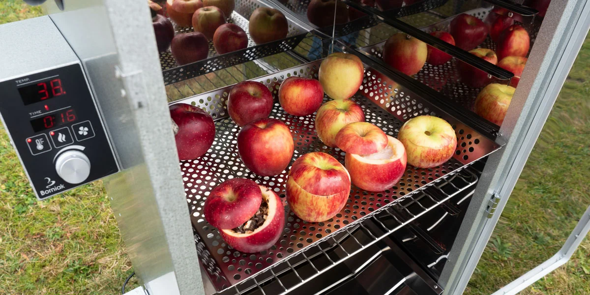 Apples arranged on perforated trays inside a Borniak smoker