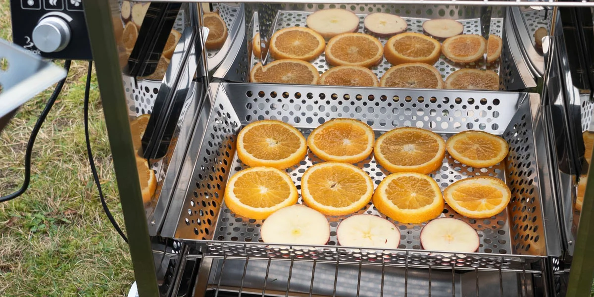 Orange and apple slices on perforated smoker trays