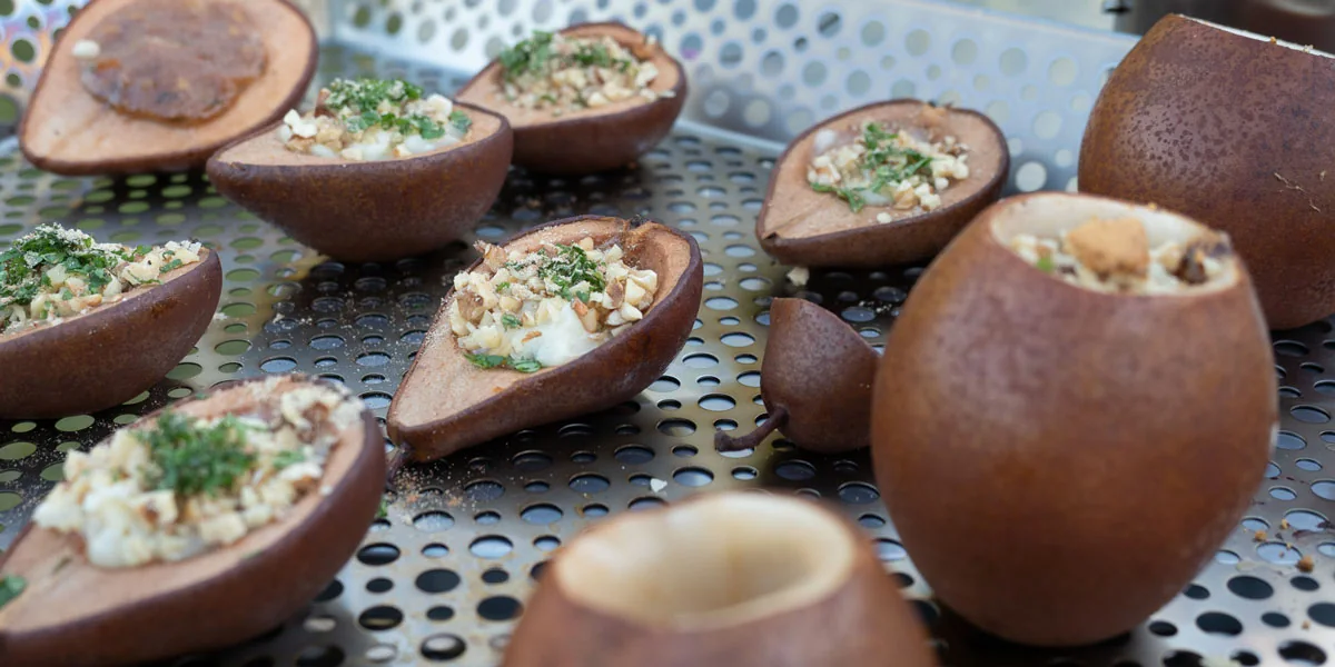 Stuffed pears on a perforated smoking tray
